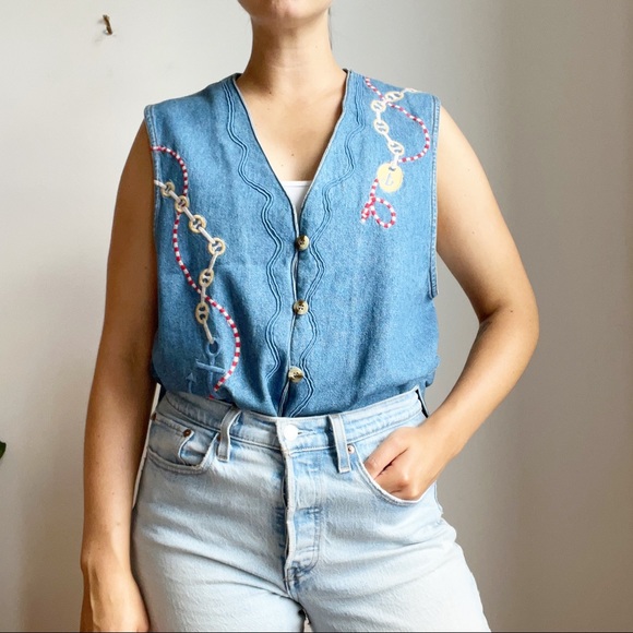 Vintage Lauren Jeffries Denim Nautical Print Vest 100% Cotton Size XL - Picture 1 of 10